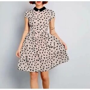 Modcloth Light Gray Black Cat Retro Collared Dress Size S